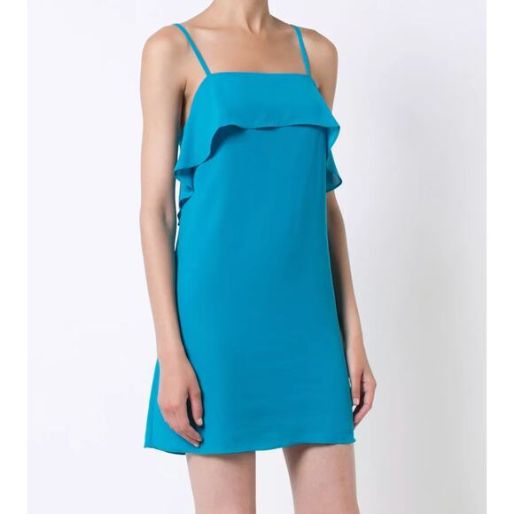 Alice+Olivia Etta Slip Mini Dress Blue Laguna Ruffle Square Neck Party Medium - Picture 2 of 11
